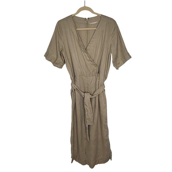 Everlane The Wrap Jumpsuit Linen Cropped Khaki Tan Wide Leg V Neck Small 6 - Picture 3 of 13